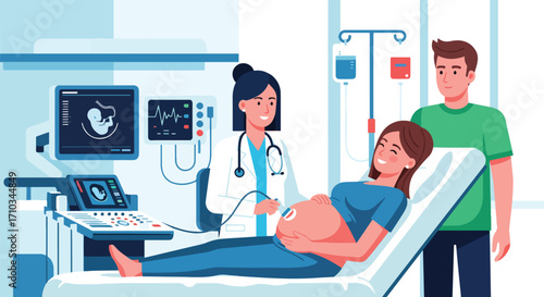 Adobe illustrator artwork vector illustration. A smiling pregnant woman on an examination bed receives an ultrasound from a female doctor, with medical equipment in the background