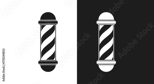 A graphic illustration of two monochrome barber poles on a split black and white background.