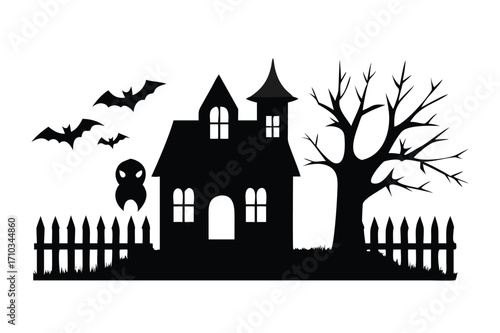 Sspooky haunted house with bats and bare trees for halloween.