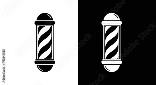A classic barber pole symbol illustrated in two monochrome styles, black on white and its inverted white on black version.