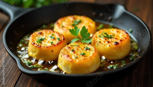 Pan fried saganaki cheese sizzling in skillet with olive oil and fresh herbs sprinkled 
