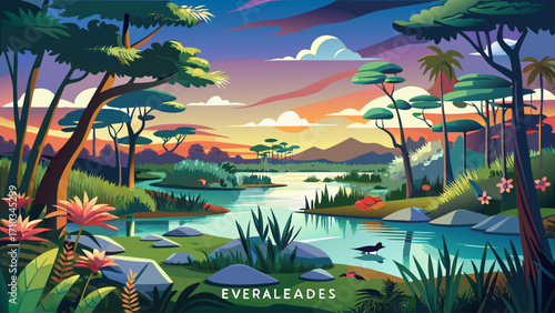 The Everglades National Park, Florida, preserves a vast subtropical wilderness of wetlands, mangroves, and sawgrass prairies—critical habitat for rare and endangered species.