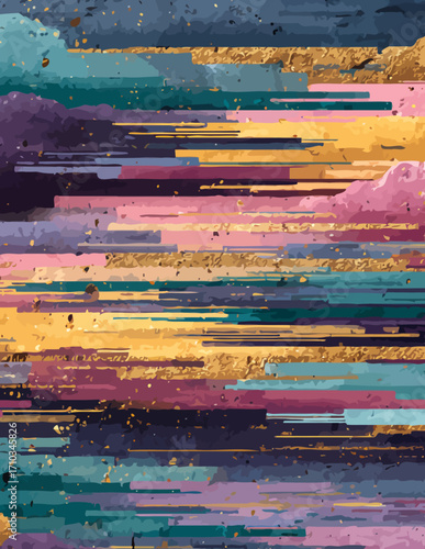 Arte digital abstracto con trazos de color vibrantes y textura dorada