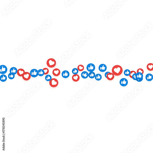 Scattered social media like and heart icons in blue and red, isolated on white background
