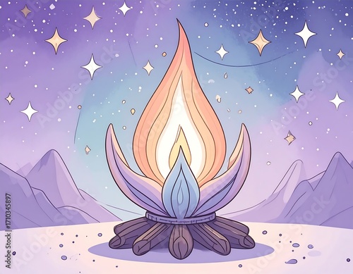 Stylized campfire under a starry sky