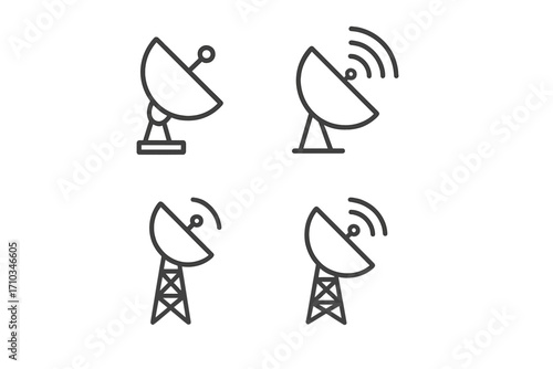 Satellite dish antenna line icon set. Communication technology symbol collection. Radar, broadcast, and signal transmission pictograms. Wireless data network vector icons.