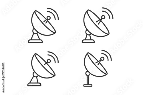 Satellite dish line icon set. Antenna for signal transmission. Telecommunication and broadcast symbol. Wireless data network technology pictogram. Editable stroke vector pack.