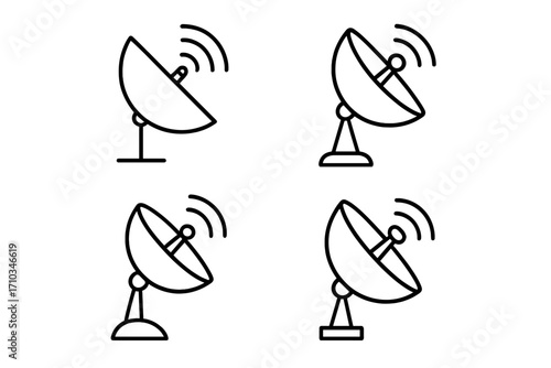 Satellite dish icon set for communication and technology concepts. Antenna radar signal for data transmission and broadcasting. Vector line art pictogram for web and UI/UX design.