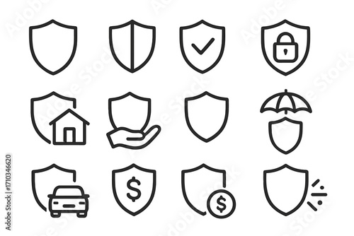 Shield icon set. Metaphor for insurance, protection, security. Line icons. Car insurance, home protection, financial safety. Vector symbols for web. Secure, defense, privacy.