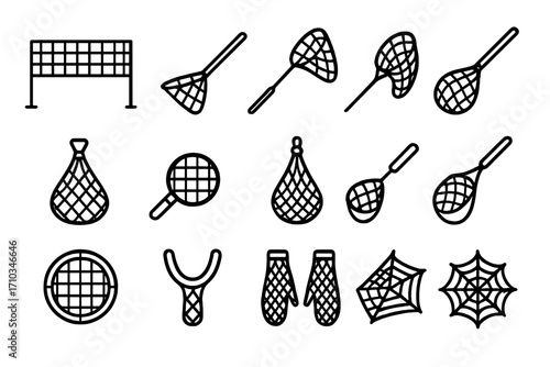Net icon set line art collection. Vector outline icons for fishing, sports, and web design. Simple equipment symbols for apps, graphic design, and print media materials.