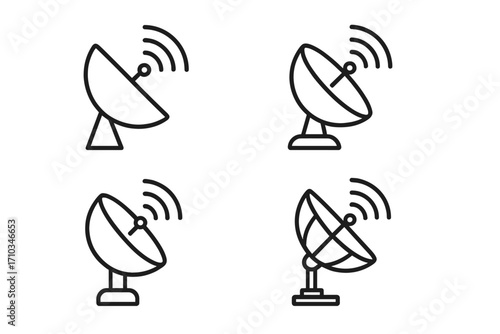 Satellite dish antenna line icon set. Communication, signal, and broadcast concepts. Wireless technology, data transmission pictogram. Vector radar symbols for web and app design.