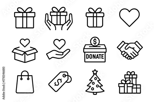 Gift and charity line icon set. Donation, present, and holiday outline symbols. Vector collection for business, web design, apps. Christmas, shopping, and love pictograms.