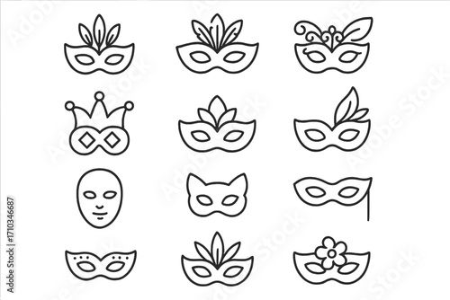 Carnival mask outline icon set. Simple linear collection for masquerade ball or festival. Venetian party masks with feathers, jester, cat face. Minimalist vector line art.