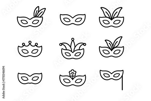 Carnival mask outline icon set. Simple linear collection for masquerade party, festival, or Mardi Gras. Venetian celebration vector graphics. Editable stroke for web, apps.