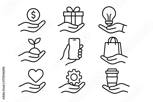 Hands holding things icon set. Line icons for business, finance, shopping, charity. Concept of giving, service, support. Vector collection with money, gift, idea, growth, phone, bag, heart, gear.