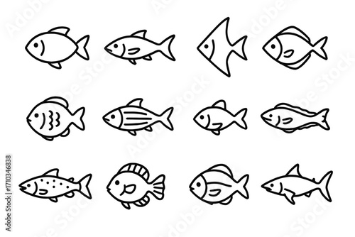 Fish line icon collection. Set of simple outline signs for web design, apps, and print. Vector cartoon illustration of aquatic animals. Marine life and seafood concept symbols.