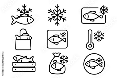 Frozen fish line icon set. Seafood freezing and cold storage package symbols. Outline pictogram collection for web, app, ui, ux. Vector graphic design element illustration.