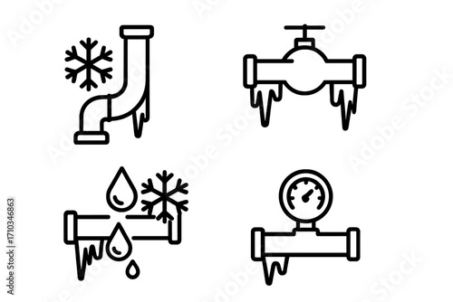 Frozen pipes line icon set. Winter plumbing problem signs. Burst pipe, low water pressure, icicles, broken pipeline concept. Cold weather home damage vector illustration.