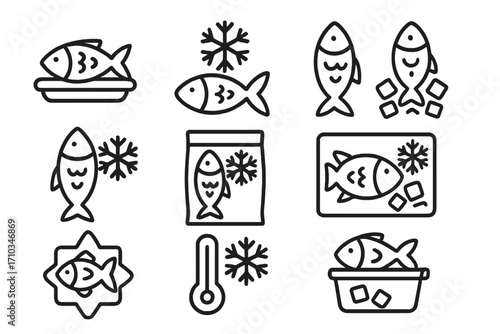 Frozen fish icon set, outline seafood preservation symbols, freezing and storage concepts, vector cartoon style, ice cubes, snowflakes, temperature, pack, tray, web and graphic design assets