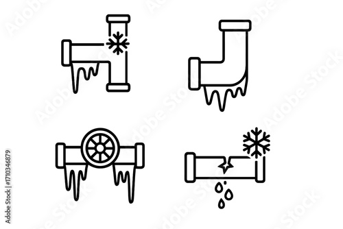 Frozen pipes icon set. Burst pipe, plumbing problem concept. Winter pipeline damage, water leak from broken tube. Frost, ice and cold illustration. Heating emergency line icons.