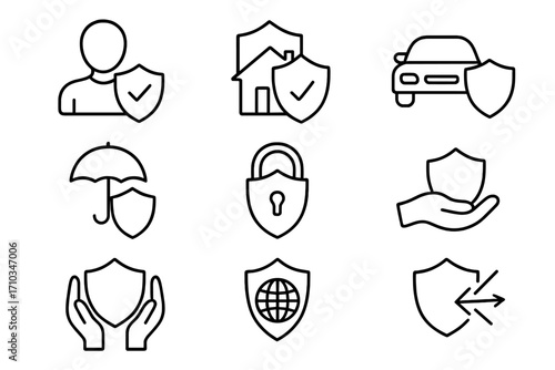 Insurance and protection line icon set. Vector symbols for security, defense, safety. Icons include home, car, life, and travel insurance. Editable stroke for web and apps.