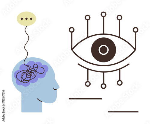 Human brain with thought bubble next to digital eye symbolizing AI integration. Ideal for innovation, technology, neuroscience, AI, machine learning, creativity, and cognitive processes. Simple flat