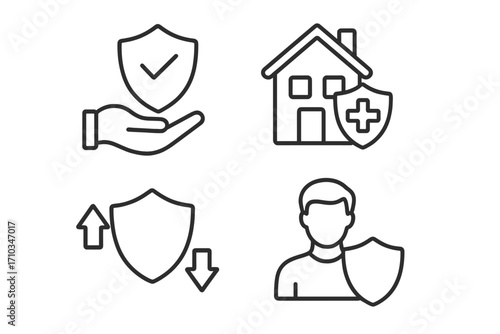 Insurance icon set for protection and safety. Line icons for life, home, health, and property. Vector symbols of security, shield, guarantee, and policy. Editable stroke.
