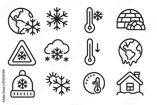 Winter weather line icon set. Cold, snow, ice, and temperature symbols. Vector collection for global cooling, freezing, climate change, snowflake, thermometer, igloo concepts.