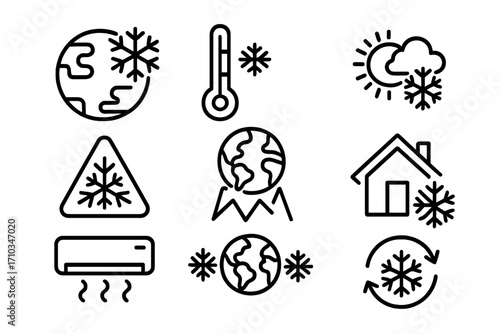 Global cooling and climate change icon set. Winter weather and cold temperature symbols. Vector outline collection with planet earth, snowflake, thermometer and air conditioner.