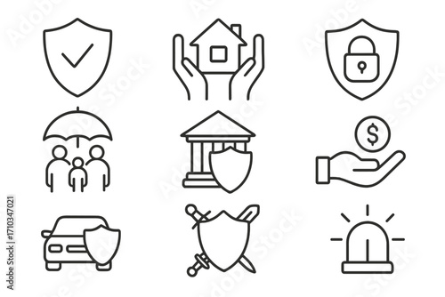 Insurance and protection line icon set. Vector symbols for family, home, car, and financial security. Safety, defense, and emergency concepts. Editable stroke pictograms.