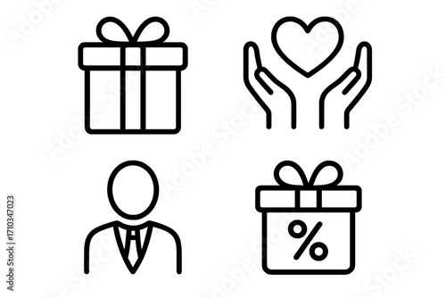 Business and charity icon set with gift, present, and donation symbols. Outline icons for concepts like sales promotion, bonus program, corporate giving, and customer loyalty.