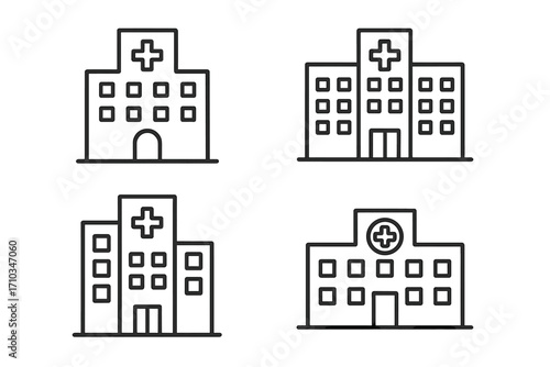 Hospital building line icon set. Simple medical clinic outline vector illustration. Health care architecture pictogram. Editable stroke symbol for web, apps, graphic design.