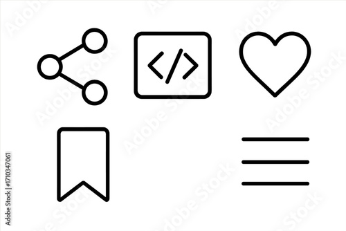 Modern vector line icon set for user interface design. Collection for websites, apps, and cards with share, coding, like, bookmark, and menu icons. UI/UX graphic elements.