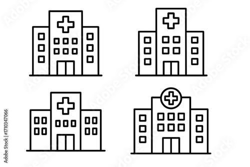Hospital building line icon set. Clinic, medical center, healthcare symbol collection. Simple outline vector illustration for web, apps. Editable stroke. Emergency aid cross sign.