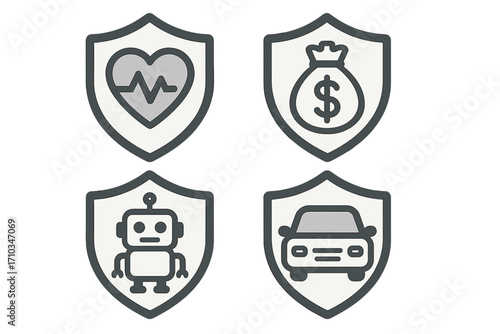Insurance protection icons set. Shield health, money bag, robot, car symbols. Simple linear vector illustration. Financial safety, medical security, vehicle coverage, technology insurance concept.