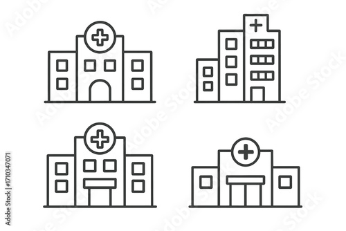 Hospital building outline icon set. Clinic symbol collection. Medical center pictogram. Simple linear vector illustration for healthcare, emergency services, web and app design.