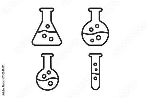 Set of laboratory flasks and test tubes. Line icons for chemistry, science, and medical research. Vector of glassware, beaker, Erlenmeyer flask with liquid and bubbles.