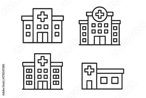 Hospital building thin line icons set. Medical clinic exterior. Healthcare center symbol collection. Emergency pictogram. Simple outline vector graphic for medicine, web, and apps.