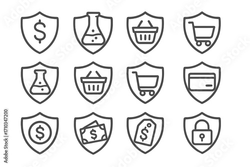 Secure shopping and payment protection icon set. Financial security and safe transaction outline icons. Data privacy shield, lab safety, and online purchase symbols collection.
