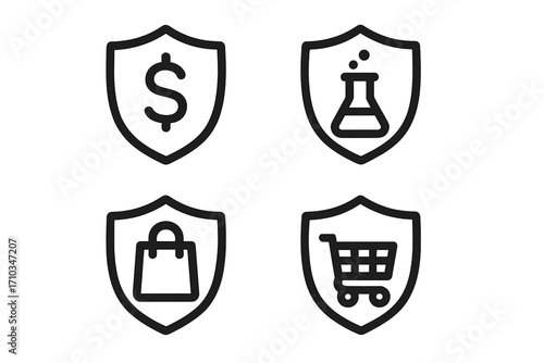 Protection shield icon set. Financial security, lab safety, consumer protection, secure shopping concepts. E-commerce guarantee. Dollar, flask, bag, cart line vector signs.