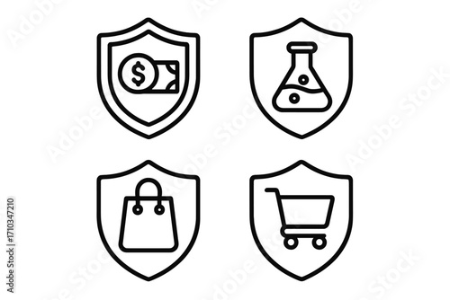 Secure shield linear icon set for web and apps. Financial safety, safe payment, money guarantee, consumer protection, secure online shopping, lab tested quality concept.