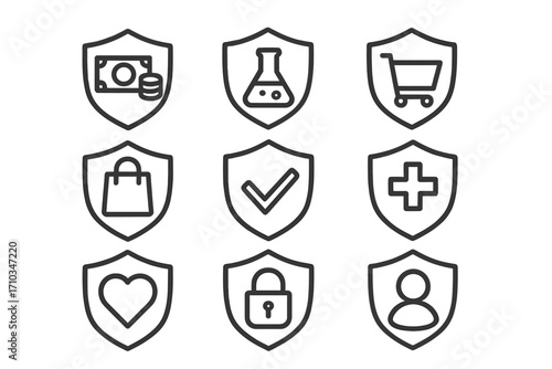 Security shield line icon set for business and web. Concepts of financial protection, health insurance, data privacy, and secure online shopping. Vector symbols with editable stroke.