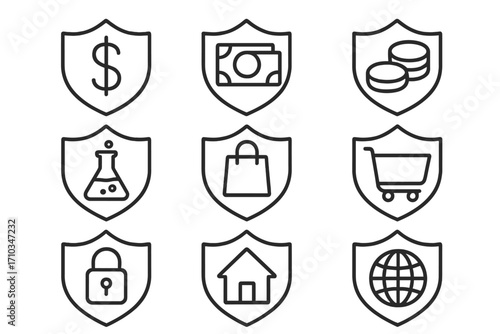 Shield icon collection for security and protection. Finance, home insurance, secure online shopping, and data privacy concepts. Thin line vector icons with editable stroke.