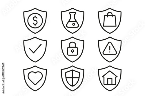 Security and protection line icon set. Financial, health, and home insurance concepts. Data privacy, safe shopping, and risk alert shield symbols. Editable stroke outline icons.