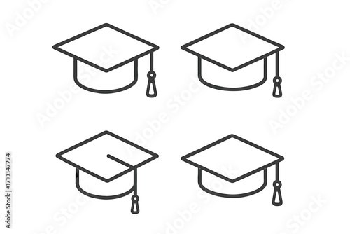 Graduation cap thin line icon collection. Mortarboard academic hat symbol set. Education, university, school, college concept. Student achievement, ceremony, diploma vector.