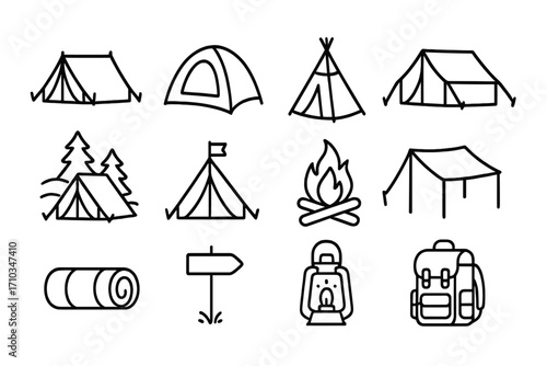 Pack of camping tent icons line art. Outdoor camping gear symbols including tents, campfire, backpack, lantern, signpost, and rolled sleeping bag. Vector line design for apps and ads