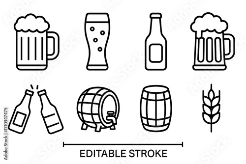 Beer icons set with editable stroke, including beer mugs, pints, bottles, barrels, clinking bottles, and barley illustration, perfect for brewing, pubs, and beverage designs