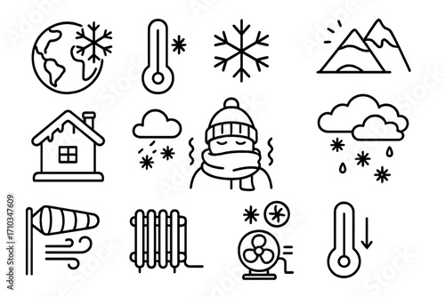 Set of global cooling related line icons, outline signs for graphic design, web, apps, adverts, various cards, cold weather, frozen earth, snowflakes, chilly temperature, winter season