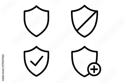 Shield defense and insurance line icon pack, minimalistic linear pictogram set for web, graphic design, apps, banners, social networks, cards, vector cartoon style