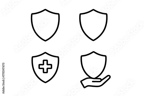 Shield and defence icons set, insurance and protection symbols, minimalistic linear design, healthcare cross, hand holding shield, security, safety, web and graphic elements, vector line art